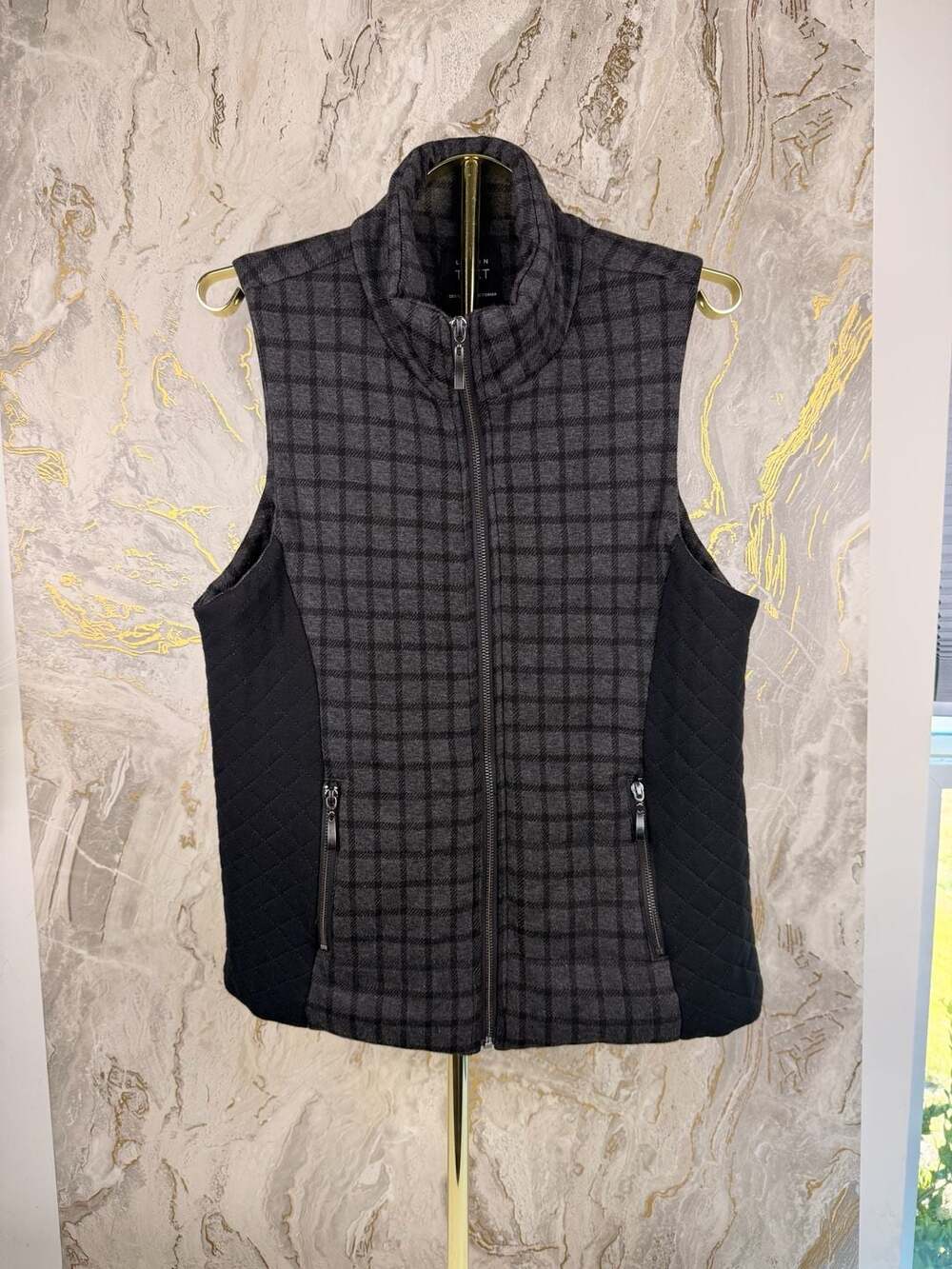 Lemon Tart Women's Gray Plaid Full Zip Quilted Stand Collar Vest Size L